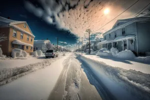 Winter cityscape with snow-covered roads and vehicles.