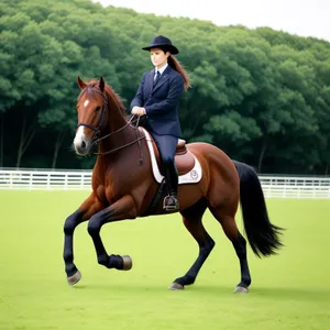 Thoroughbred stallion with trainer at equestrian farm