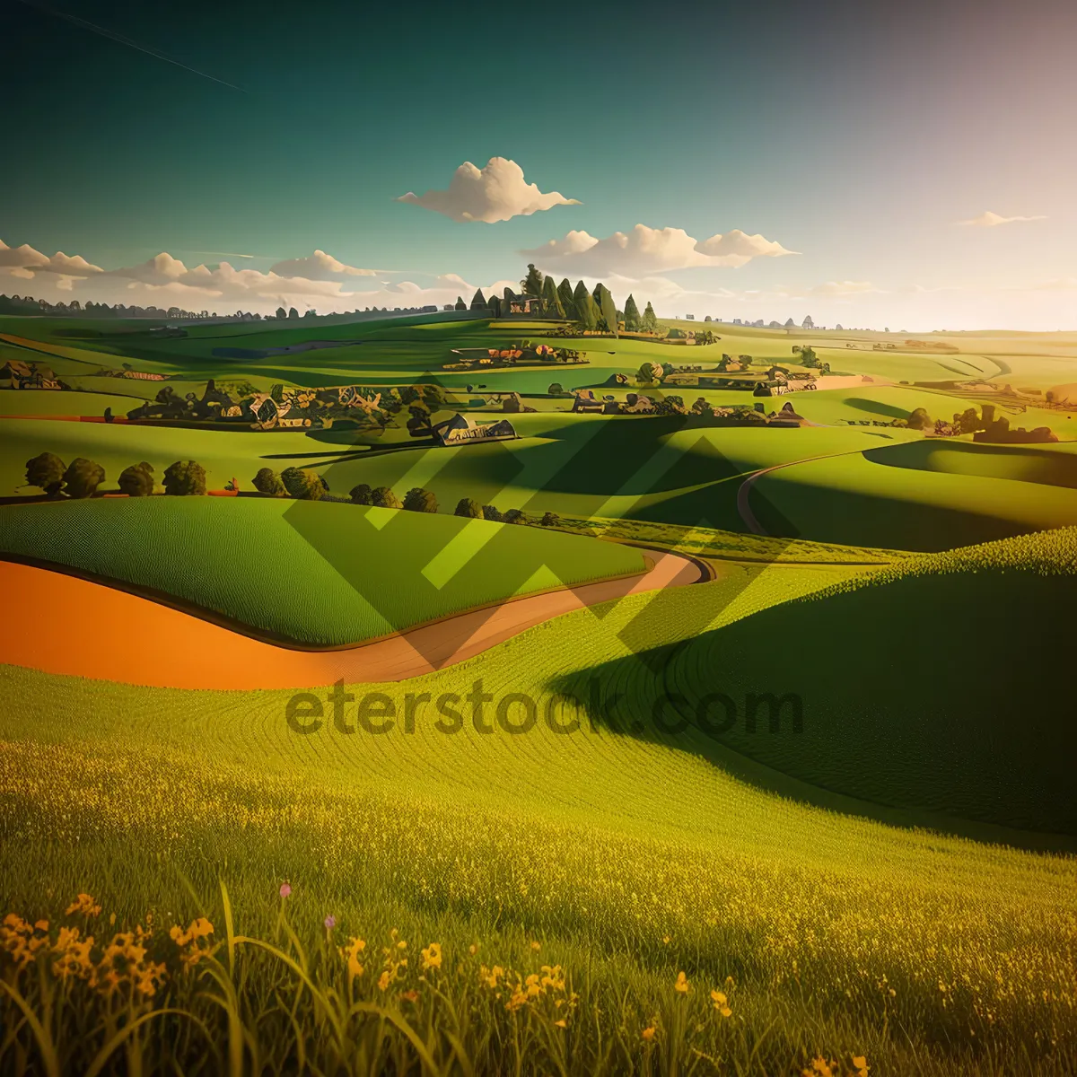 Picture of Serene Rural Landscape Under Sunny Skies