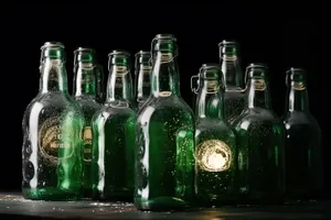 Cold lager beer bottle with foam bubbles.