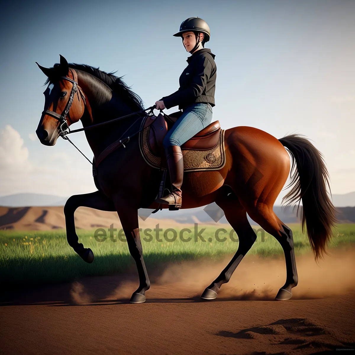 Picture of Stallion in Equestrian Sport Harness"
or
"Thoroughbred Stallion in Horseback Riding Gear