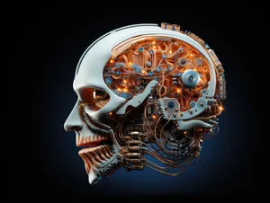 Science fiction concept of ai. Artificial brain as the most important element of the artificial intelligence system. Electronic chips and memory elements are integrated into the brain structure.