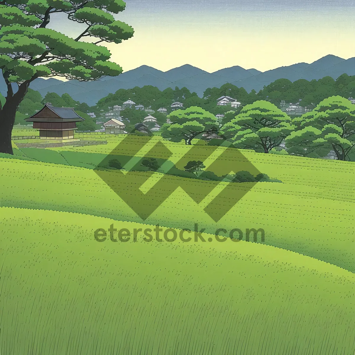 Picture of Green Golf Course with Rolling Hills and Blue Sky