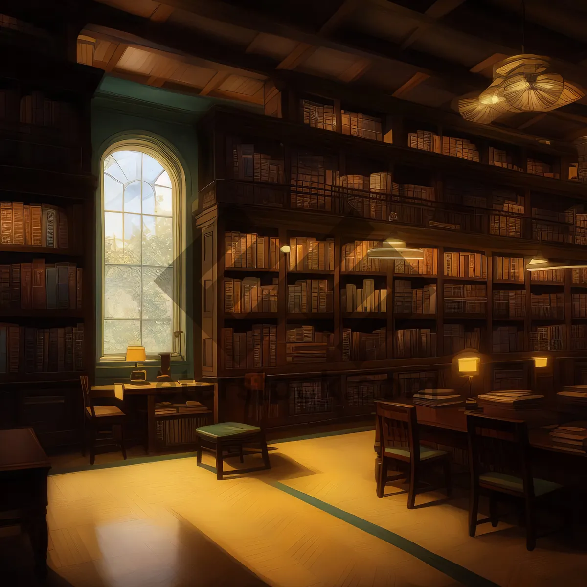 Picture of Modern restaurant interior design with wooden furniture and lamp