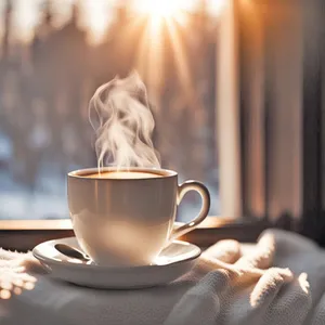 Hot Cappuccino on Black Table in Morning