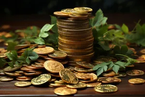 Golden coins stack closeup in wicker basket