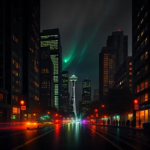 Nighttime Urban Skyline with Glowing Skyscrapers