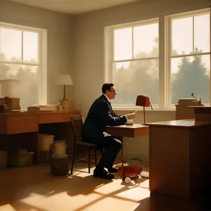 Businessman working on laptop in modern office interior