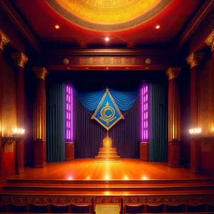 Golden Church Interior with Light-Filled Theater Curtain