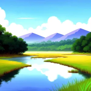 Idyllic countryside sunset over lush meadow and lake
