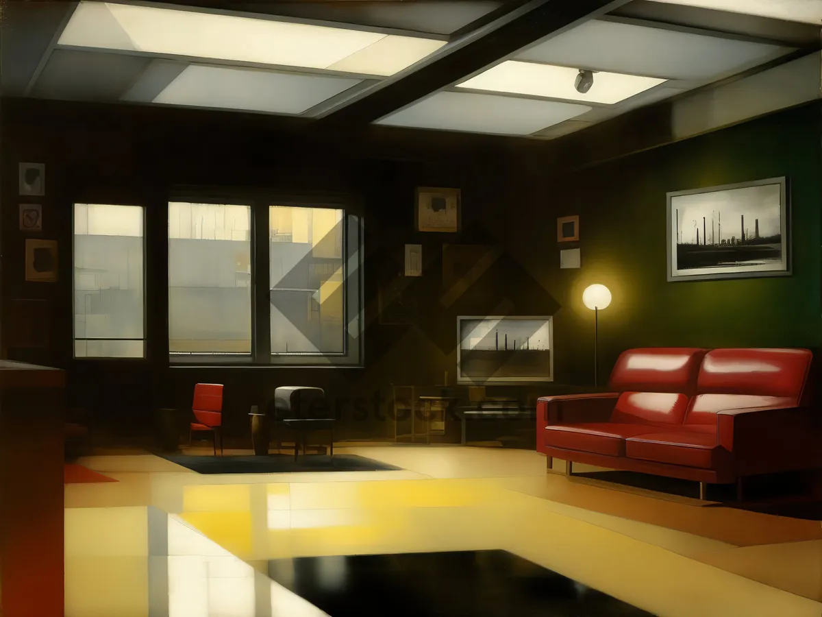 Picture of Modern office interior with wooden furniture and 3D lamp