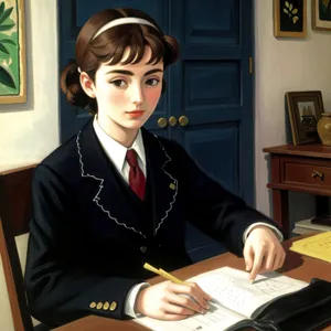 Happy businesswoman working on laptop in office.