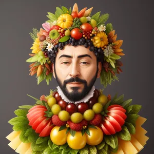 Smiling woman with fresh fruit hairstyle decoration.