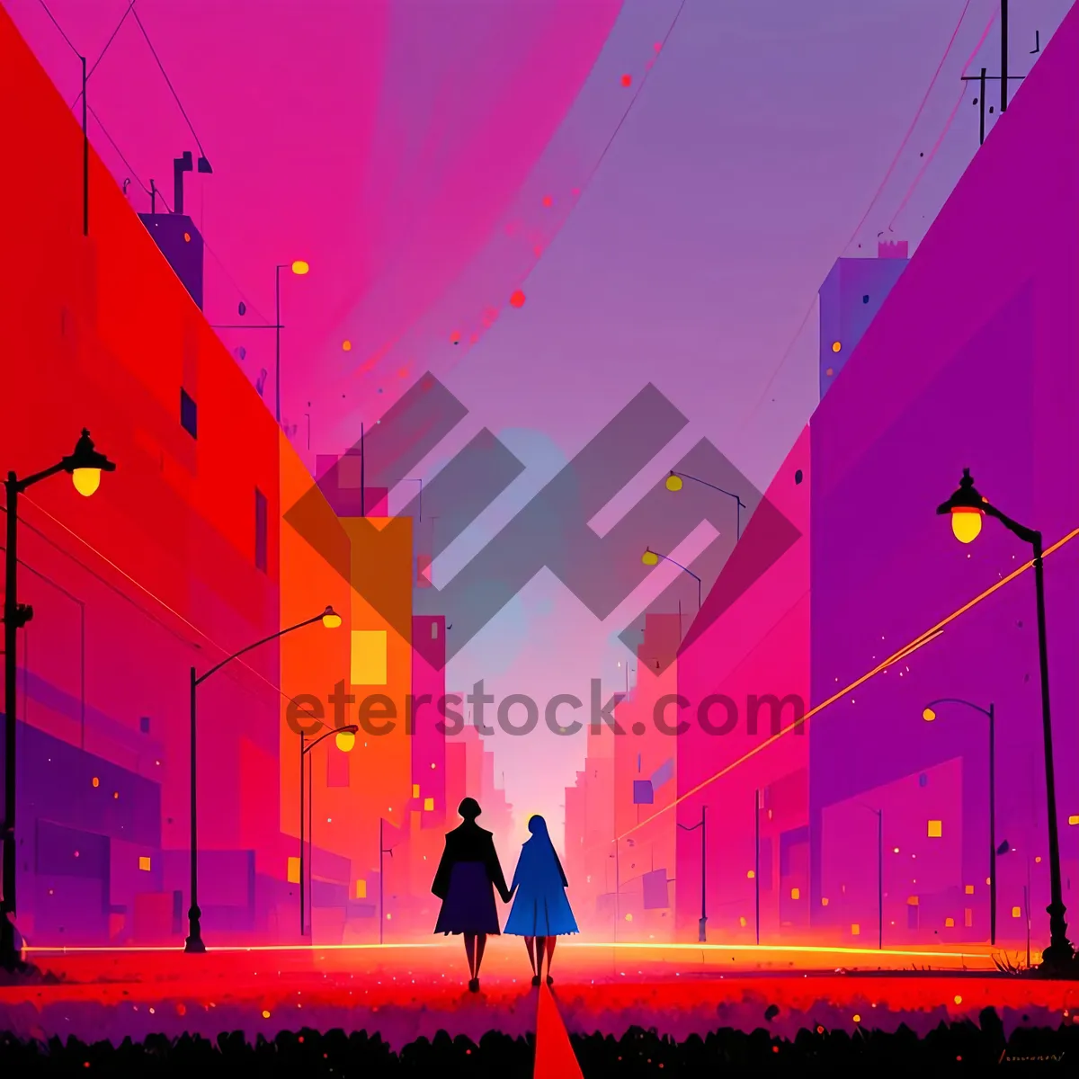 Picture of Vibrant Sunset Sky with Electricity Tower Silhouette