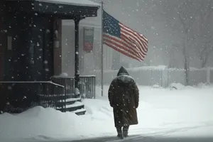 Man shoveling snow in winter forest forest.