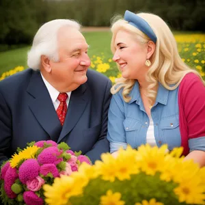 Happy couple in the park with sunflowers