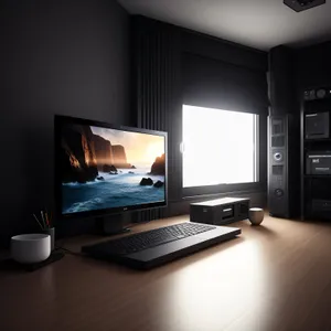 Modern office workspace with computer, monitor, and keyboard.