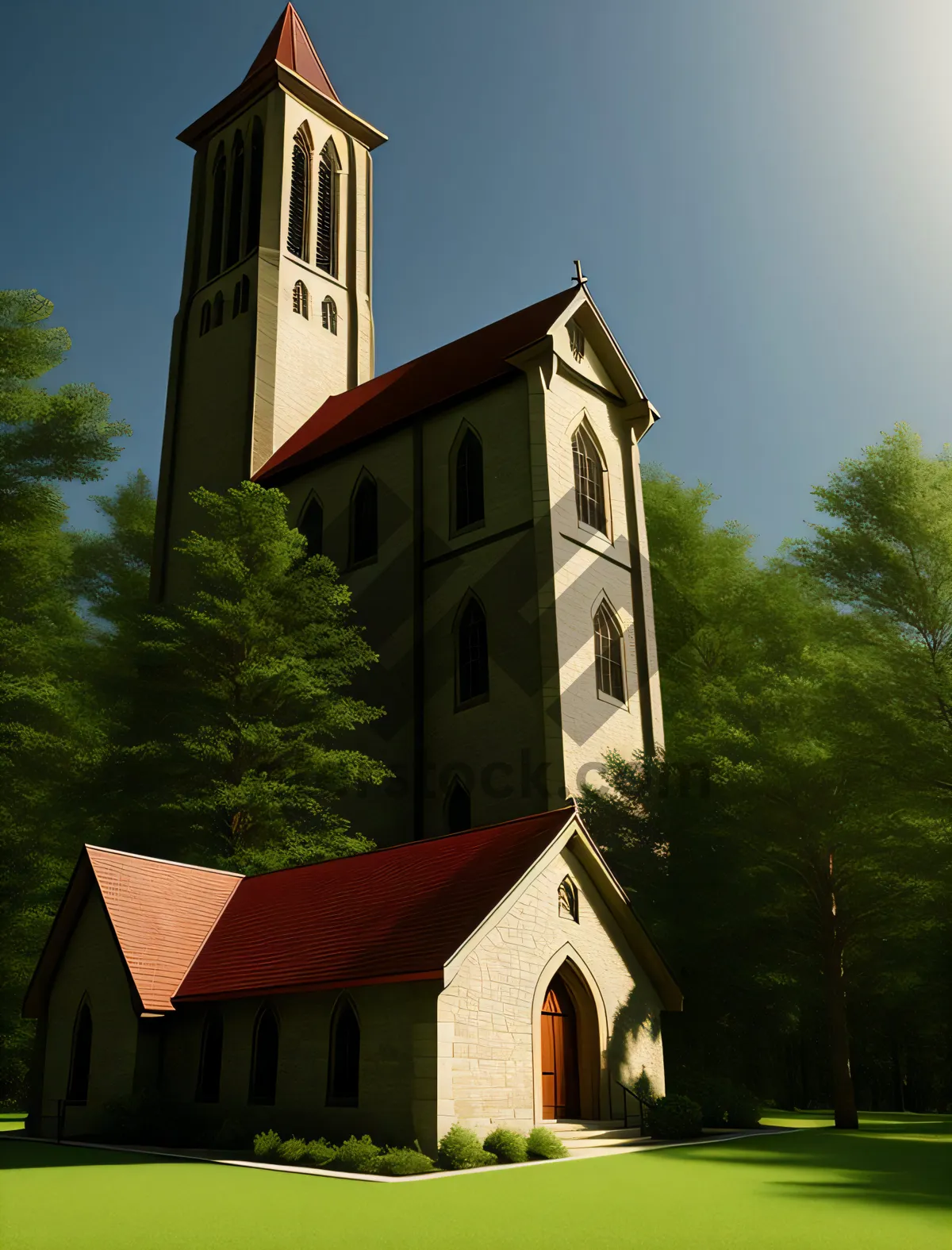 Picture of Aged church tower, reaching towards the blue sky, a timeless symbol of faith and heritage