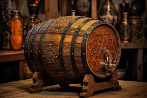 Vintage Barrel with Wooden Plug in Wine Cellar