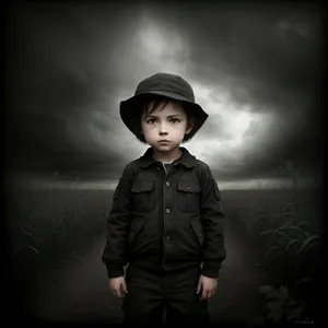 Stylish young boy wearing a black cowboy hat and suit