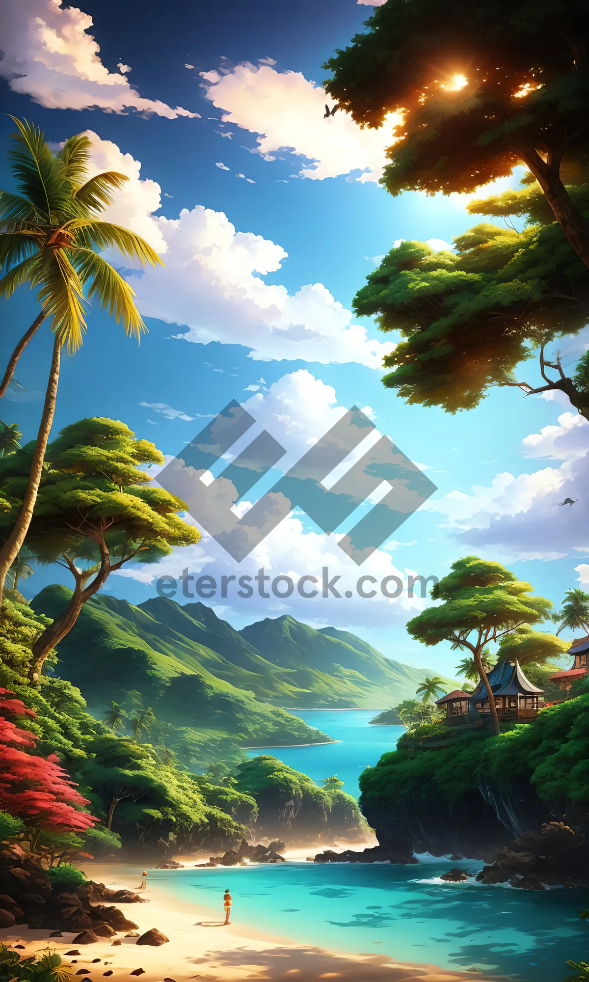 Picture of Tropical paradise beach with palm trees and turquoise water.