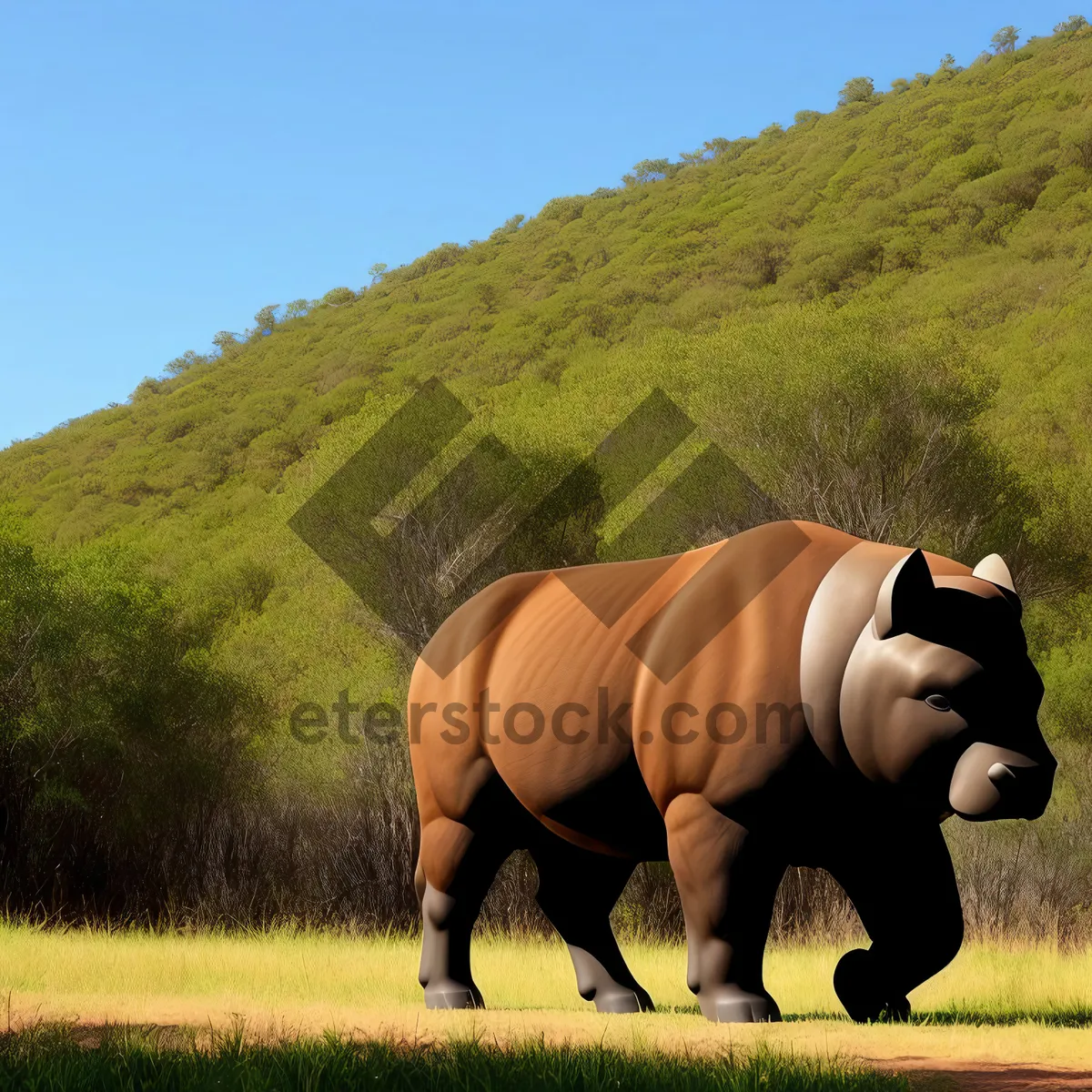 Picture of Grazing Rhinoceros in Beautiful Rural Landscape