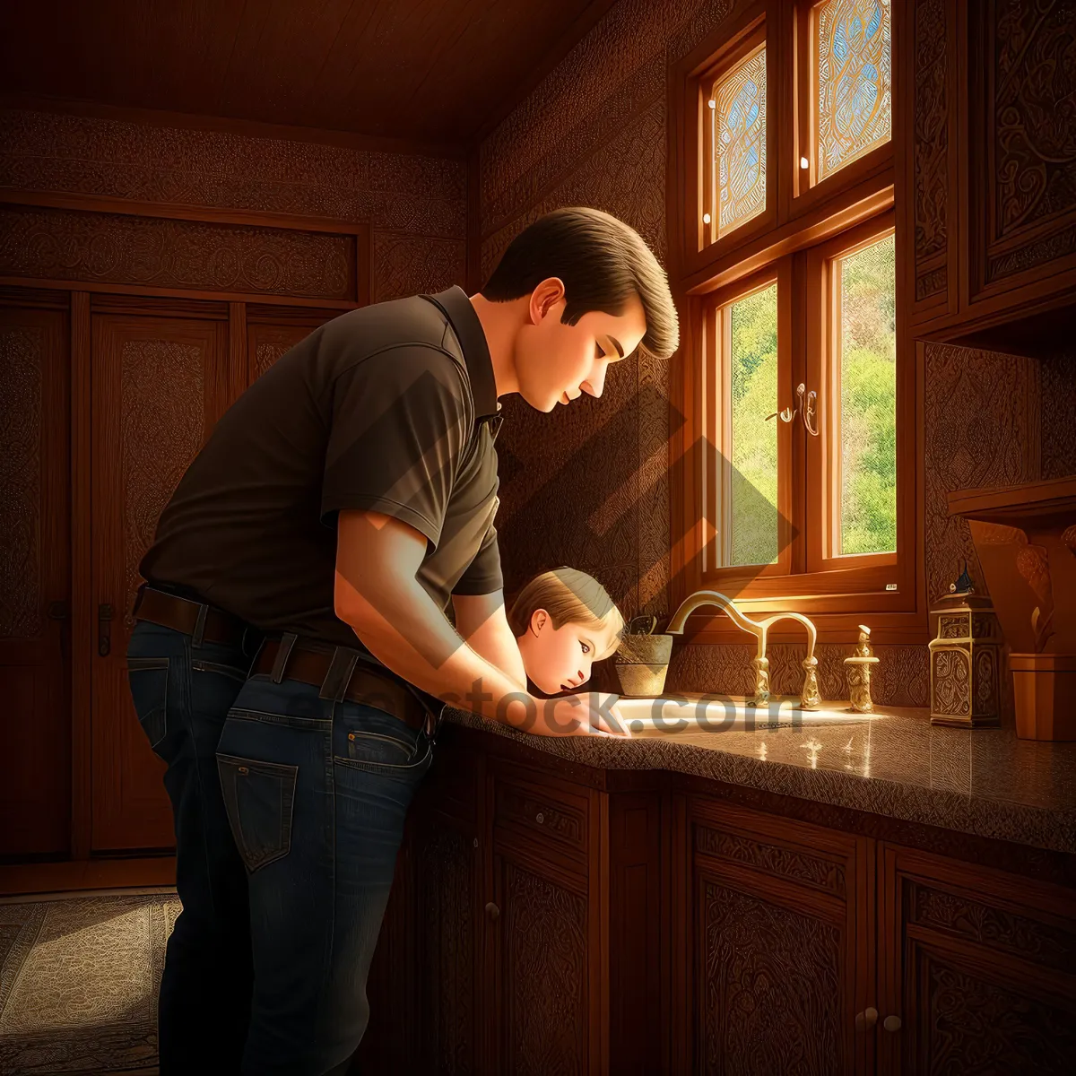 Picture of Cheerful male waiter cooking in kitchen.