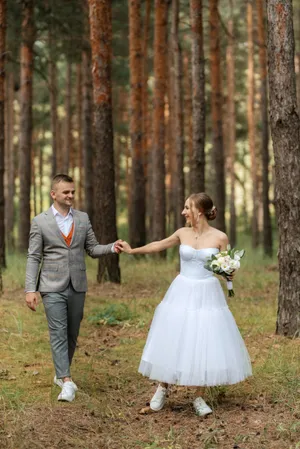 Happy Bride and Groom Embrace on Wedding Day