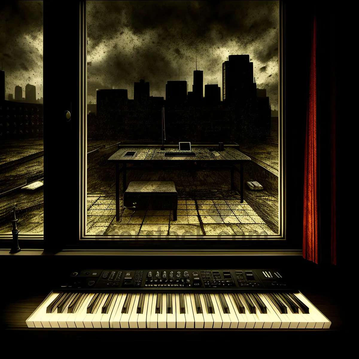 Picture of Black Upright Piano with Keyboard Instrument and Synthesizer