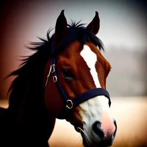 Brown Thoroughbred Horse with Bridle in Stable