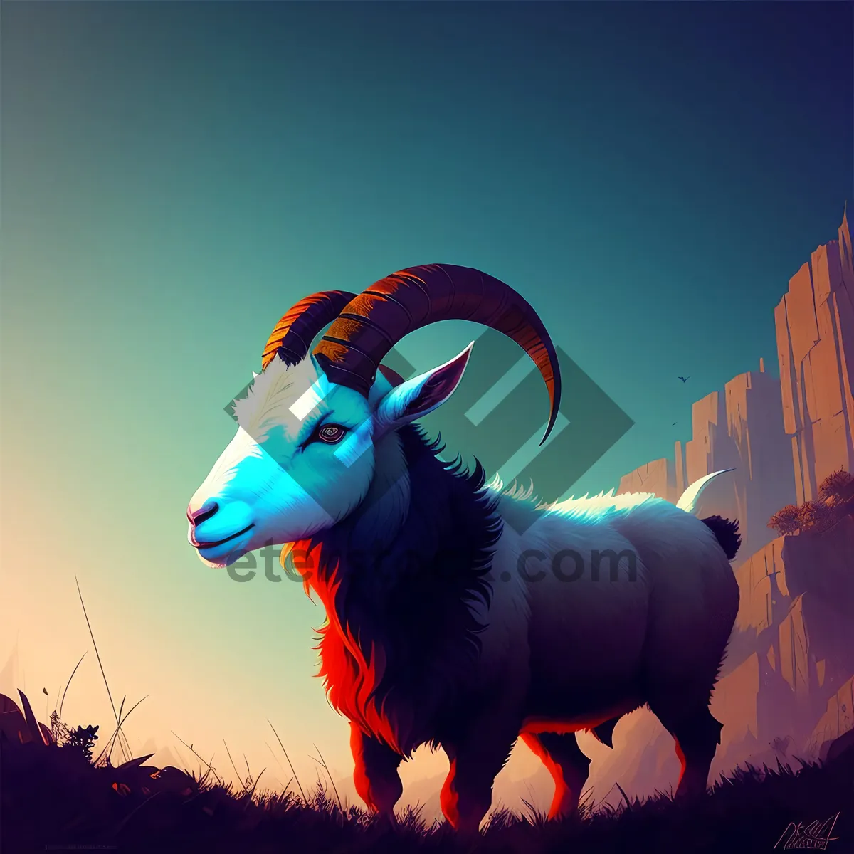 Picture of Ram grazing peacefully under blue sky on lush grass