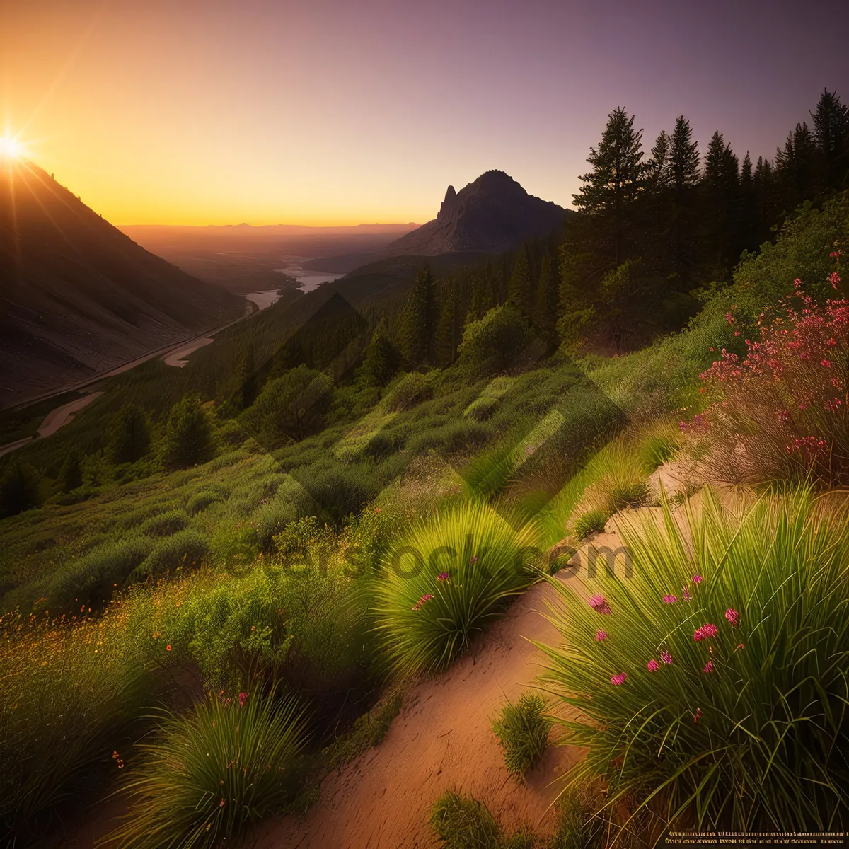 Picture of Majestic Highland Landscape Amidst Blossoming Meadow