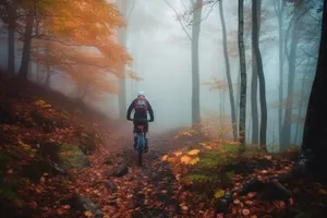 Solo hiker exploring rugged mountain terrain on bike.