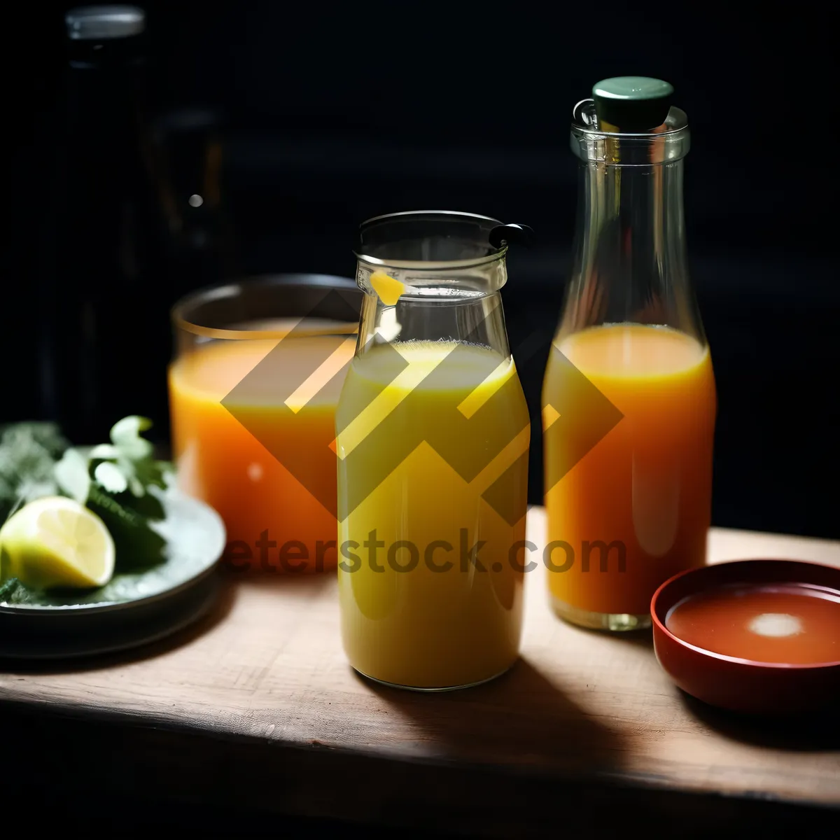 Picture of Refreshing Yellow Fruit Drink on Table with Bottle