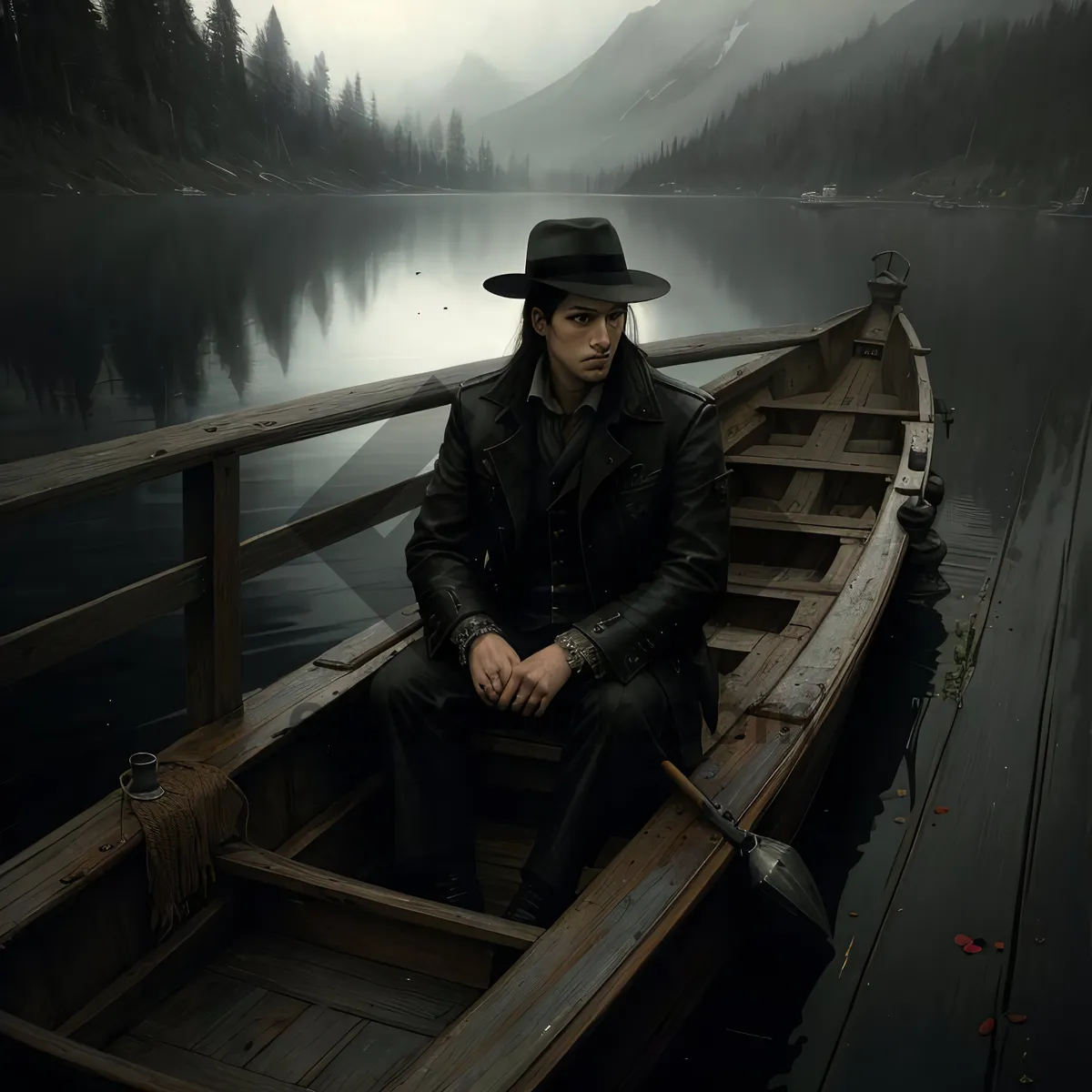 Picture of Man standing beside tranquil lake on a sunny day
