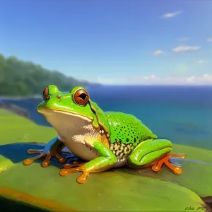 Vibrant Eye-Frog Peeping Through Leaf Abstraction