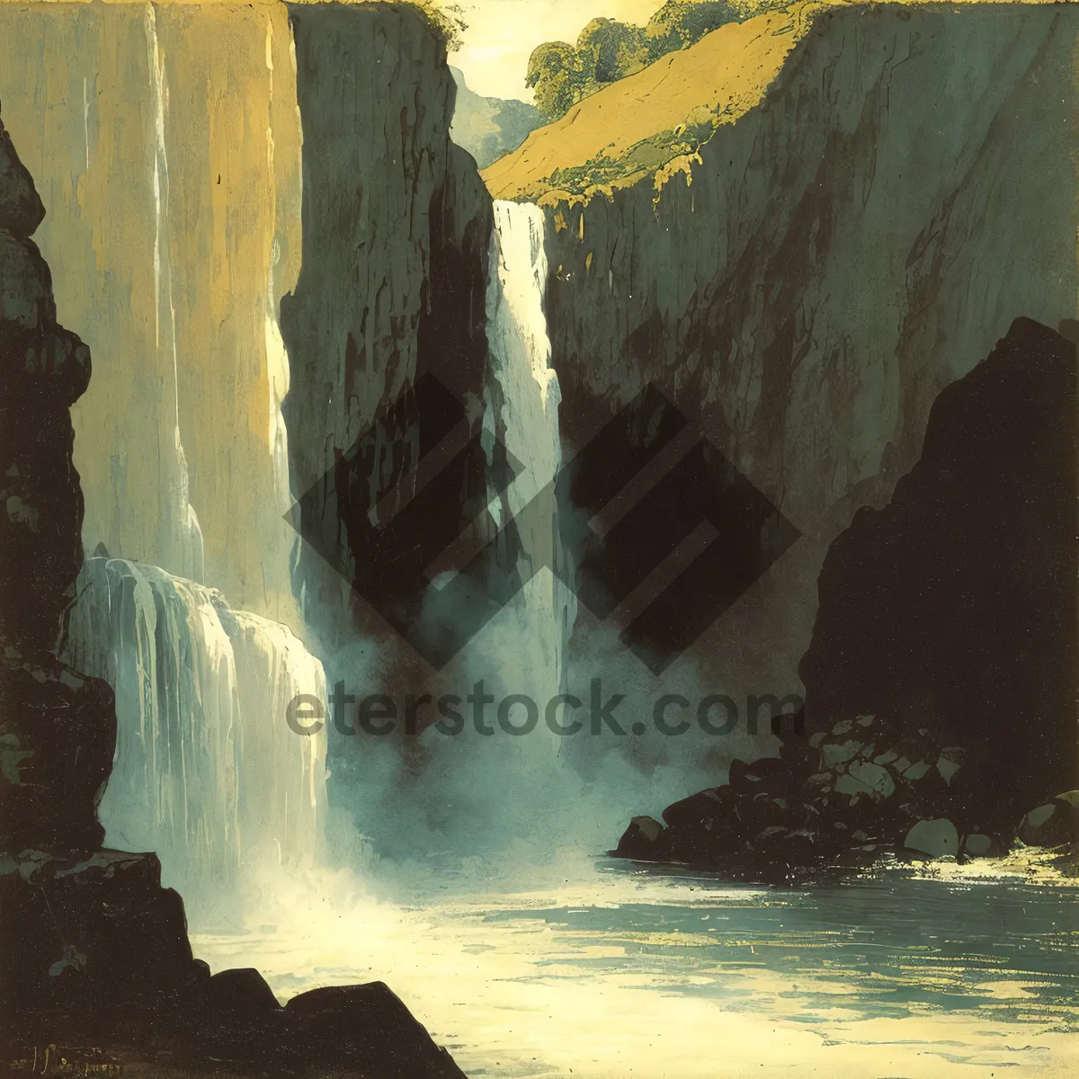 Picture of Serene Waterfall Flow amidst Majestic Rock Formations