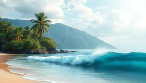 Tropical Island Beach with Palm Trees and Blue Sky