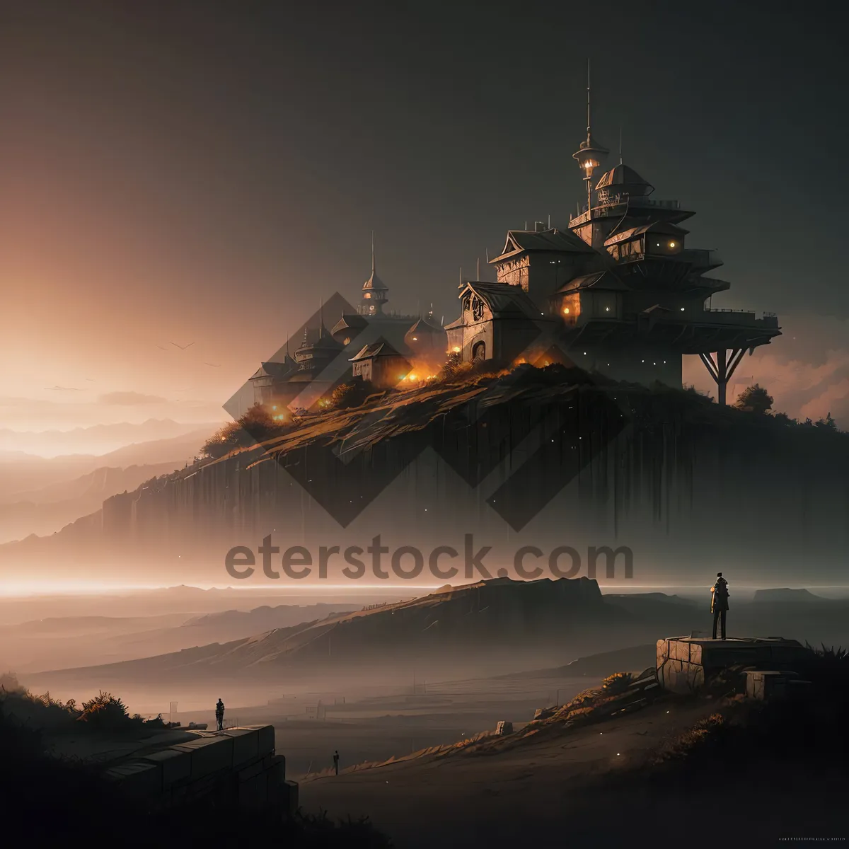 Picture of Sunset over majestic temple and aircraft carrier