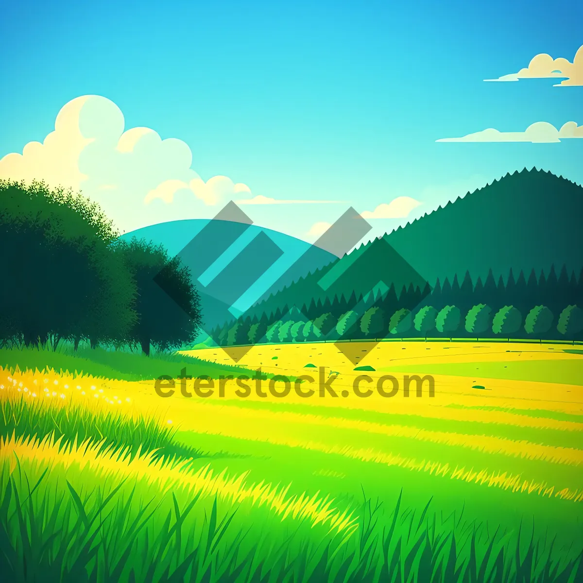 Picture of Sunny Hillside Landscape with Tree and Meadow