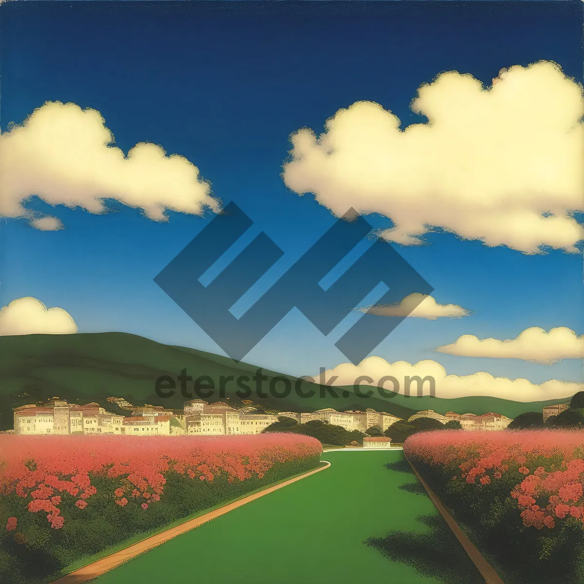 Picture of Serene countryside landscape with lush meadows and sunny skies.