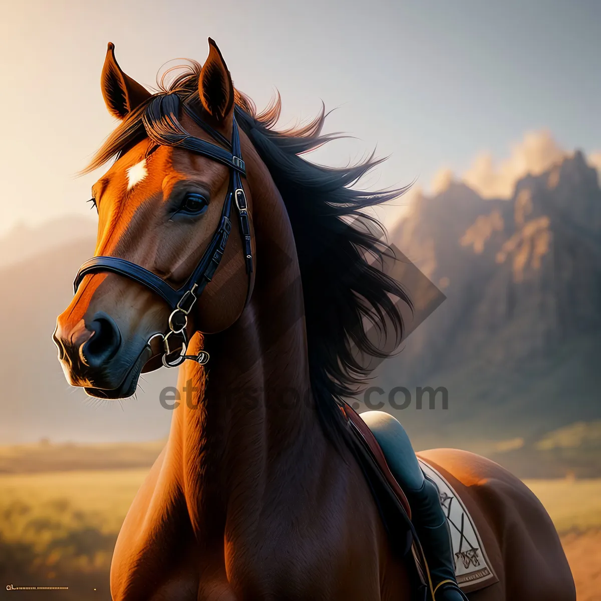 Picture of Stunning Chestnut Stallion Galloping through Rural Pasture