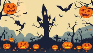 Halloween-themed Moonlit Cemetery Silhouette Cartoon Art.
