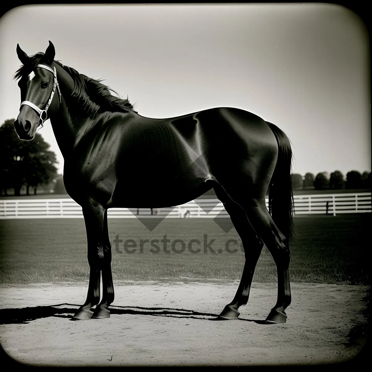 Picture of Majestic Brown Stallion Grazing in Field.