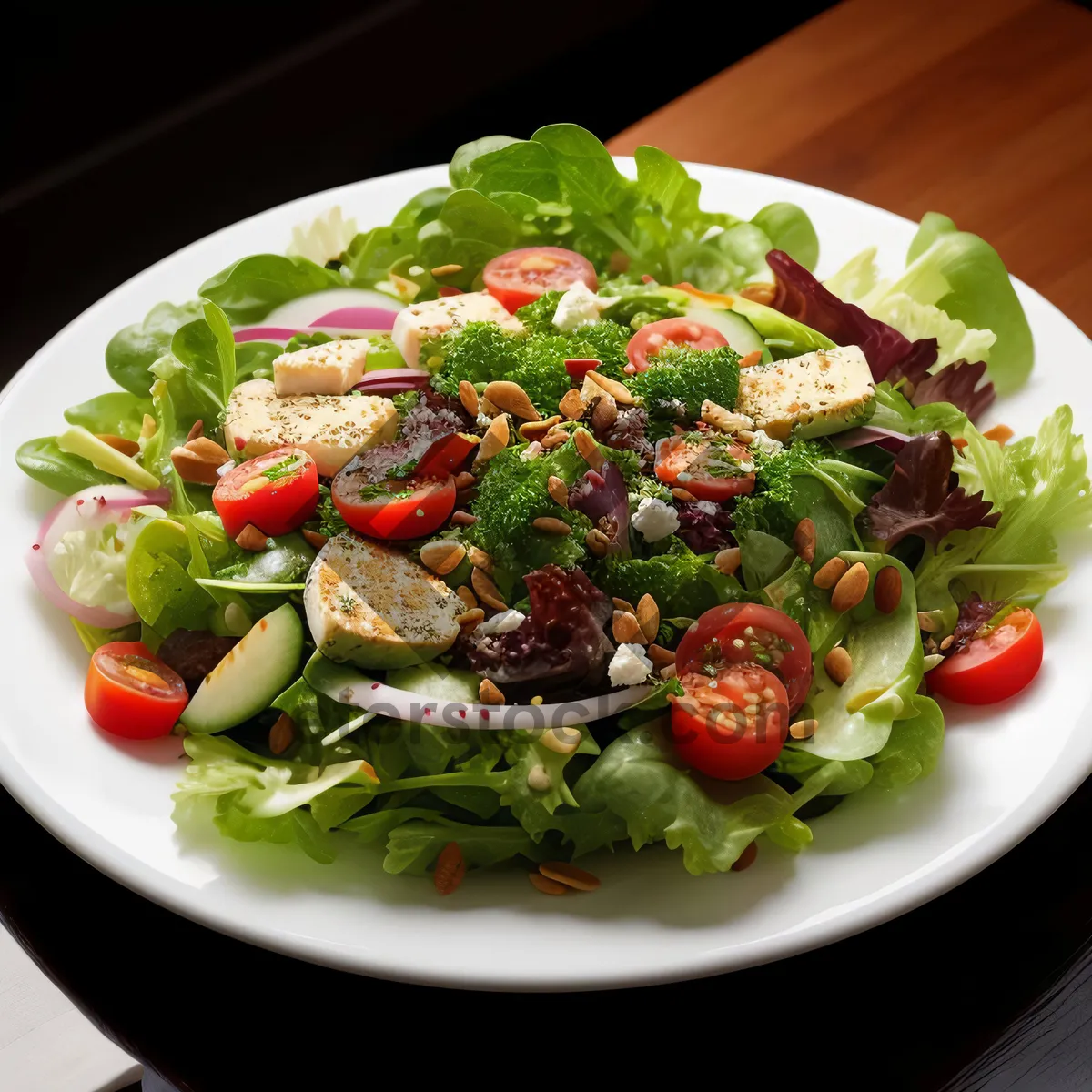 Picture of Fresh gourmet salad with grilled vegetables and tangy dressing.