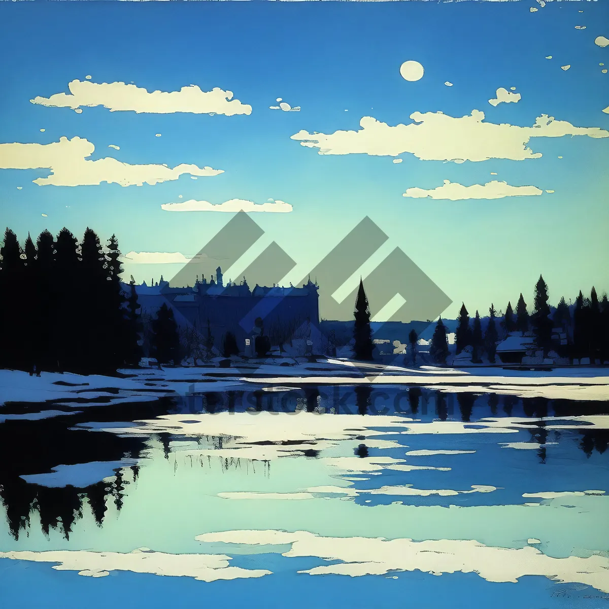 Picture of Serene lakeside sunset with trees and clouds