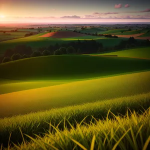 Vibrant Countryside Sunset Over Rolling Wheat Fields