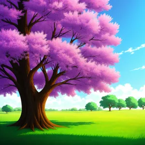 Vibrant Sunset Over Colorful Meadow and Tree