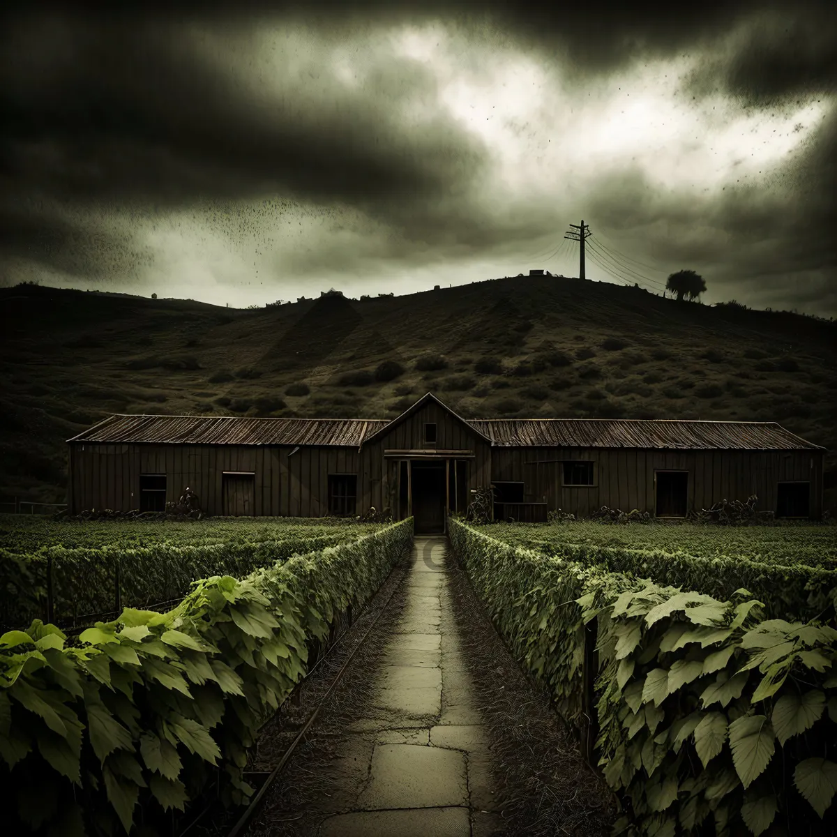 Picture of Rural Landscape with Scenic Roofed Farm and Fence