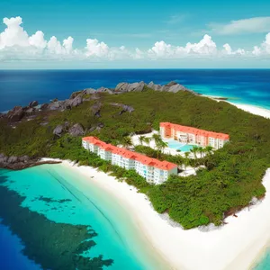 Tropical paradise beach vacation under sunny sky with waves.